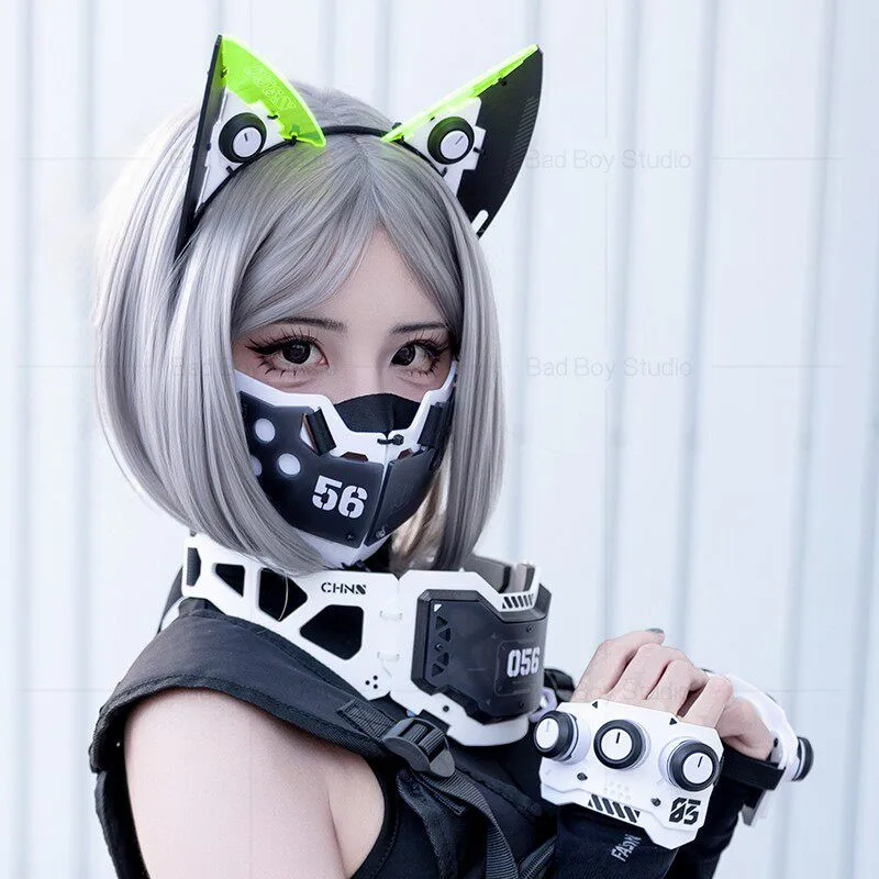 

Cyberpunk Sci-fi Mechanical Tactical Mask Cat Ears Man Woman Functional Punk Mecha Hand Armor Cosplay Hair Accessories