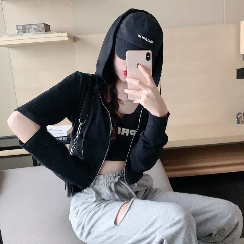 

With Hat Hoodies Women Spring Solid All-match Slim Classic Popular Design Korean Style Stylish Streetwear Sexy Hole Ins Leisure