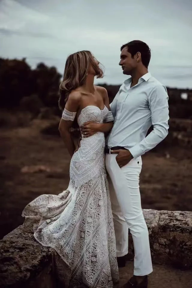 Vestidos de novia de sirena de encaje Sexy con manga extraíble, vestidos de novia de playa de tren de barrido personalizados