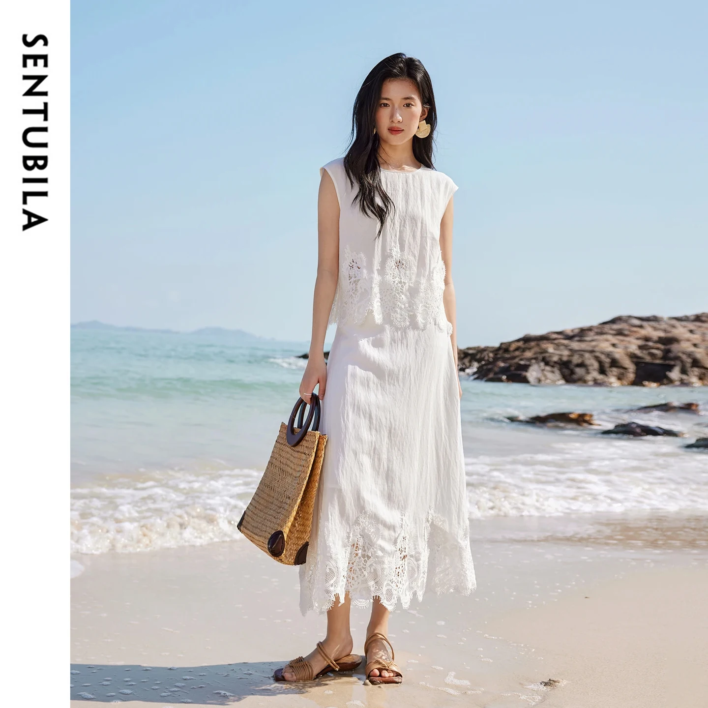 

SENTUBILA Women's White Skirt Set Elegant Embroidery Two Piece Vacation Outfit 2026 Summer Top Lace Hem Midi Skirt 162ZK4727