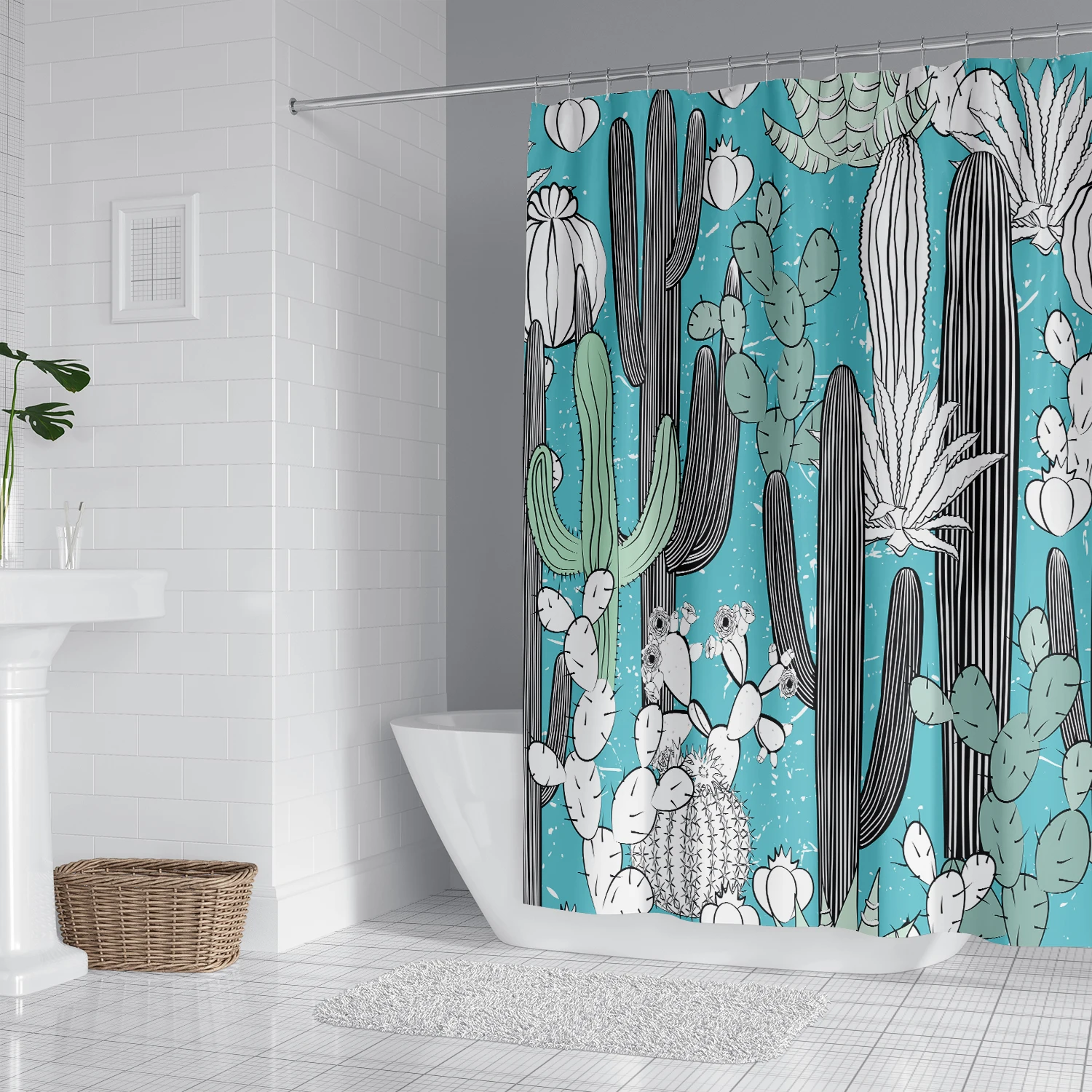 1 piece of cactus hand-painted creative pattern polyester single shower curtain, bathroom shower curtain, suitable for room part