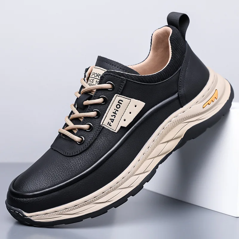 

Autumn New Designer Leather Sneakers for Men Solid Color Lace Fashion Casual Shoes Man Sports Outdoor Hiking Shoes Male