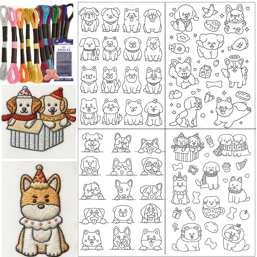 

Набор наклеек для вышивания милой собаки, самоклеящаяся водорастворимая ткань «сделай сам», в комплект входит 12 цветов металлических ниток, 16 игл для вышивания