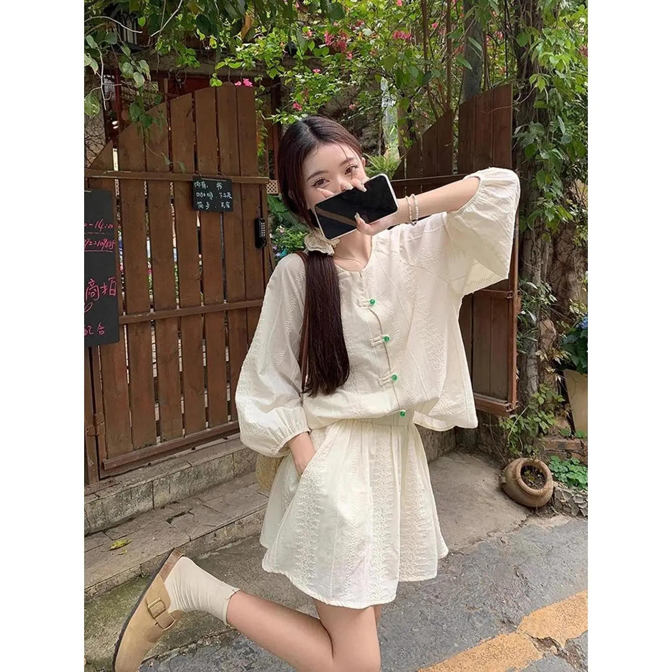 

2024 Summer New Women Two Piece Shorts Sets Chinese Style O Neck Long Sleeve Shirts Tops + High Waist Wide Leg Shorts Outfits