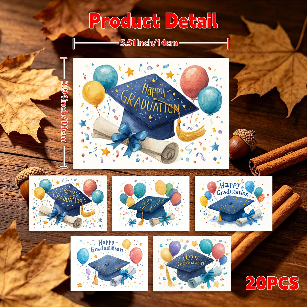 20PCS Graduation Themed Greeting Cards, Degree Caps, Colorful Balloons, Blank Design on The Back That Can Be Written - view 2