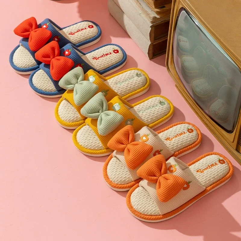 Damen Sommer-Freizeit-Leinenpantoffeln mit Cartoon-Mehrfarben-Schleife, Rutschfeste Slip-On-Hausschuhe für Mädchen, Niedliches Einfaches Design – Detail 7