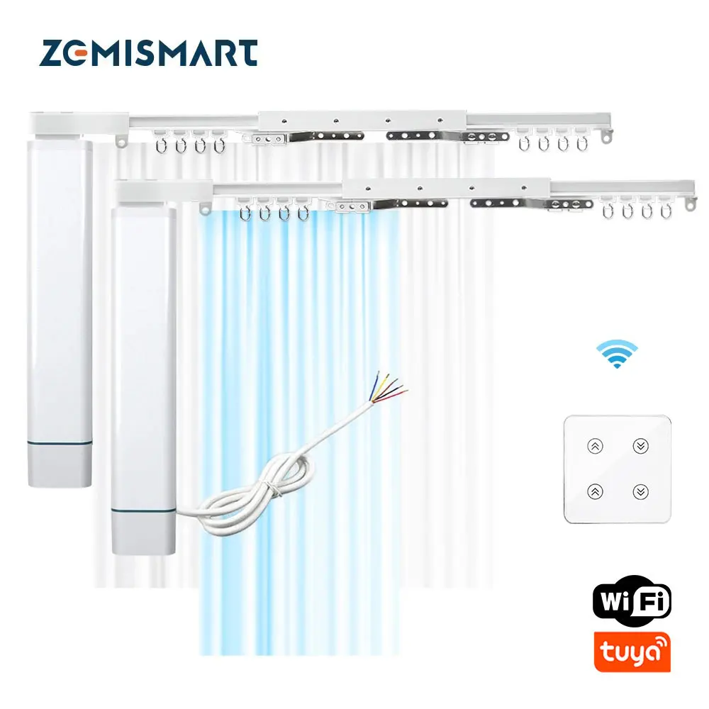 Zemismart Tuya WiFi Smart Curtains with Curtain Dual Track Rod 2 Channels Wall Switch Alexa Google Home Remote Control SmartLife