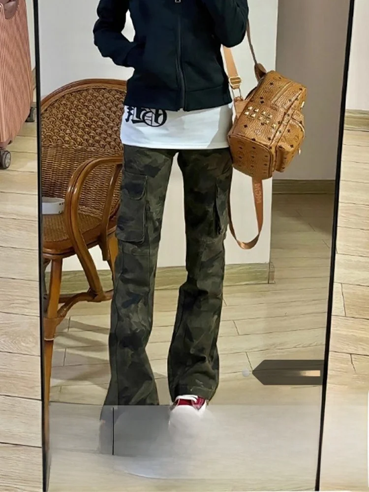 

Американские джинсы-карго с широкими штанинами в стиле High Street, камуфляжные, женские, с высокой талией, прямые, облегающие, весенние, новые, ретро, деним