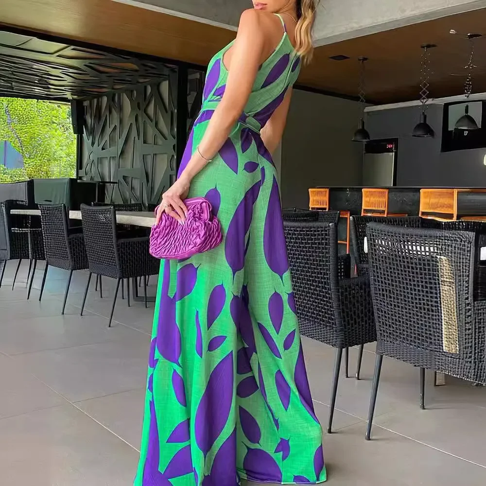 Elegant Purple Sleeveless One-Piece Suit Commuter Style Halter Print High Waist Form-Fitting Women's Clothing Spring Trend