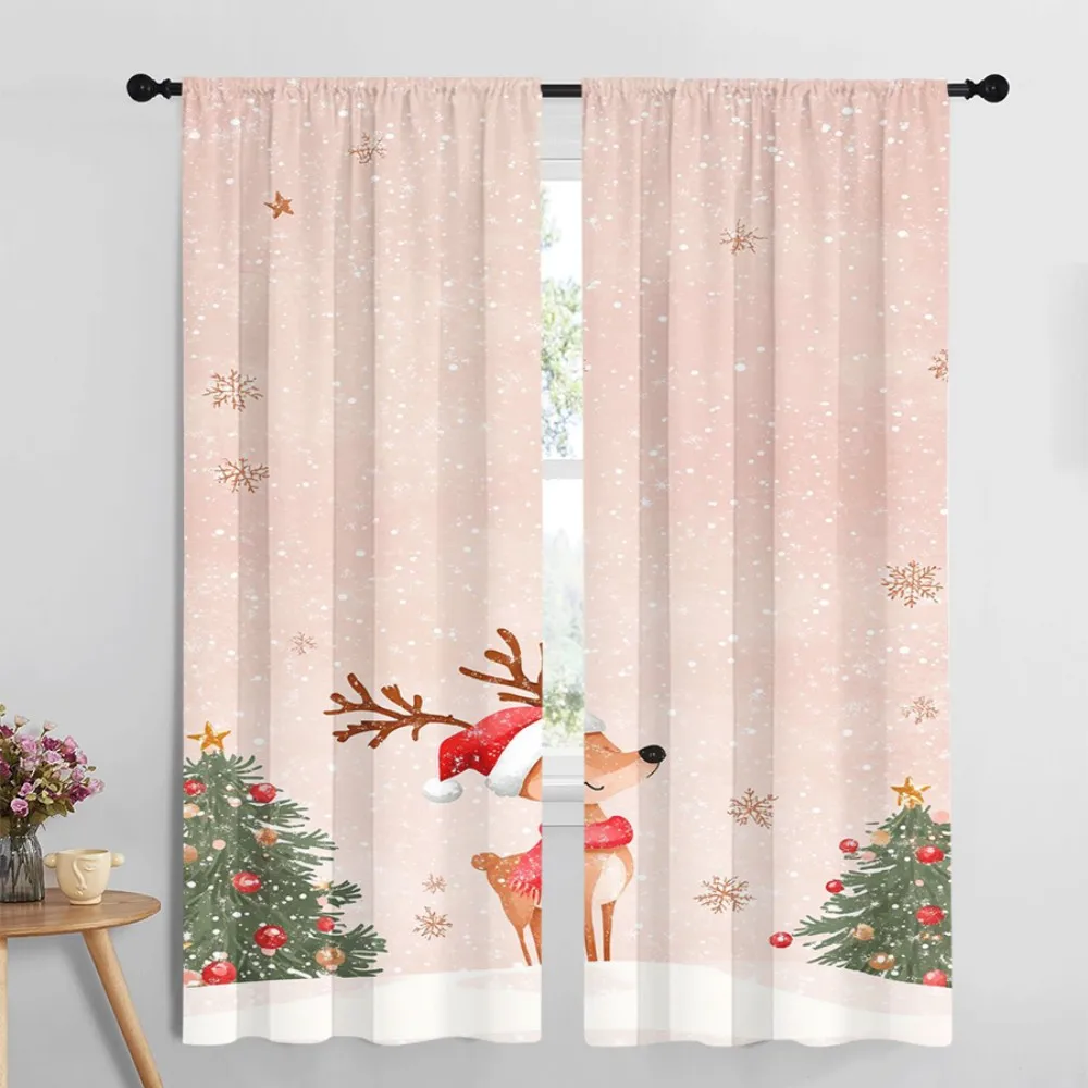 2PCS Digital Print Curtains, Pink Reindeer Christmas Tree Snowflake Pattern, Cute Pastel Style for Xmas Holiday Home Decor