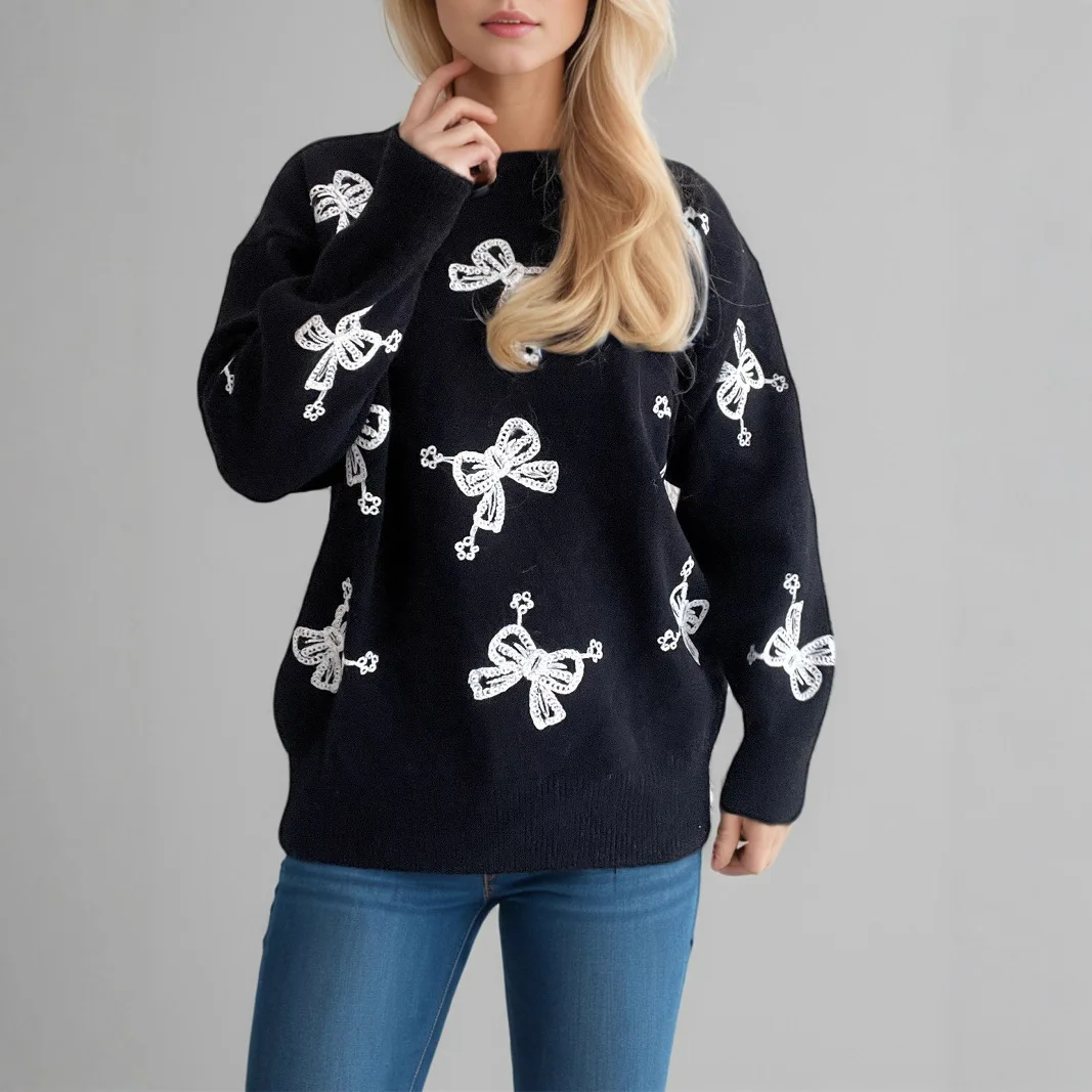 

2025 Autumn Winter Fashion New Color Block Butterfly Knitted Top Round Neck Casual Loose Retro Sweater