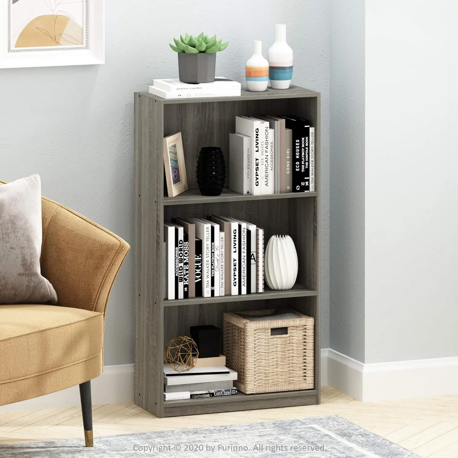 3-Tier Bookcase Storage Shelves in French Oak Grey, Stylish Open Design for Any Room