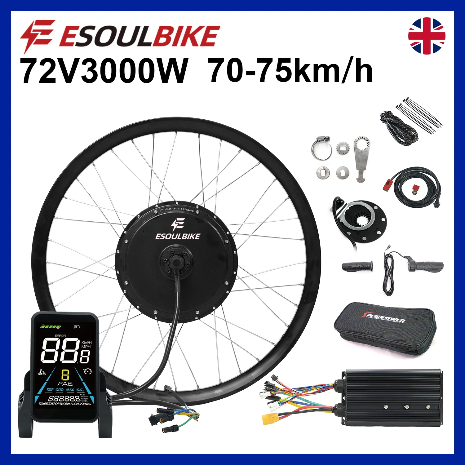 ESOULBIKE Hub Motor Ebike Kit 72V 3000W Wheel Rear eBike Engine Electric Bicycle Conversion Kit 26 27.5 28 29 700C 3.0 Tire MTX