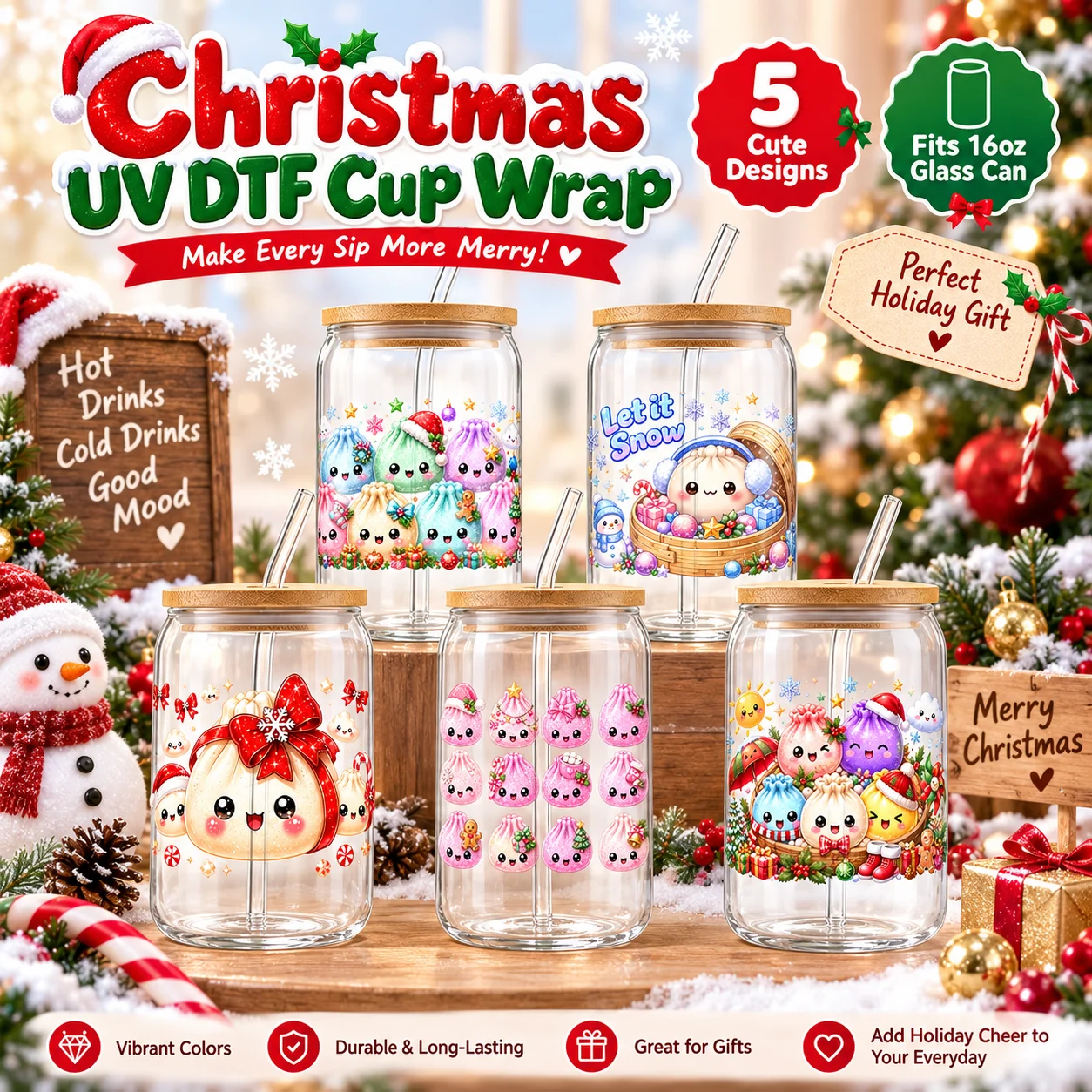 11x24cm Christmas Winter Cute Bun UV DTF Cup Wrap Sticker Decal Transfer for 16oz Libbey Glass Can Waterproof