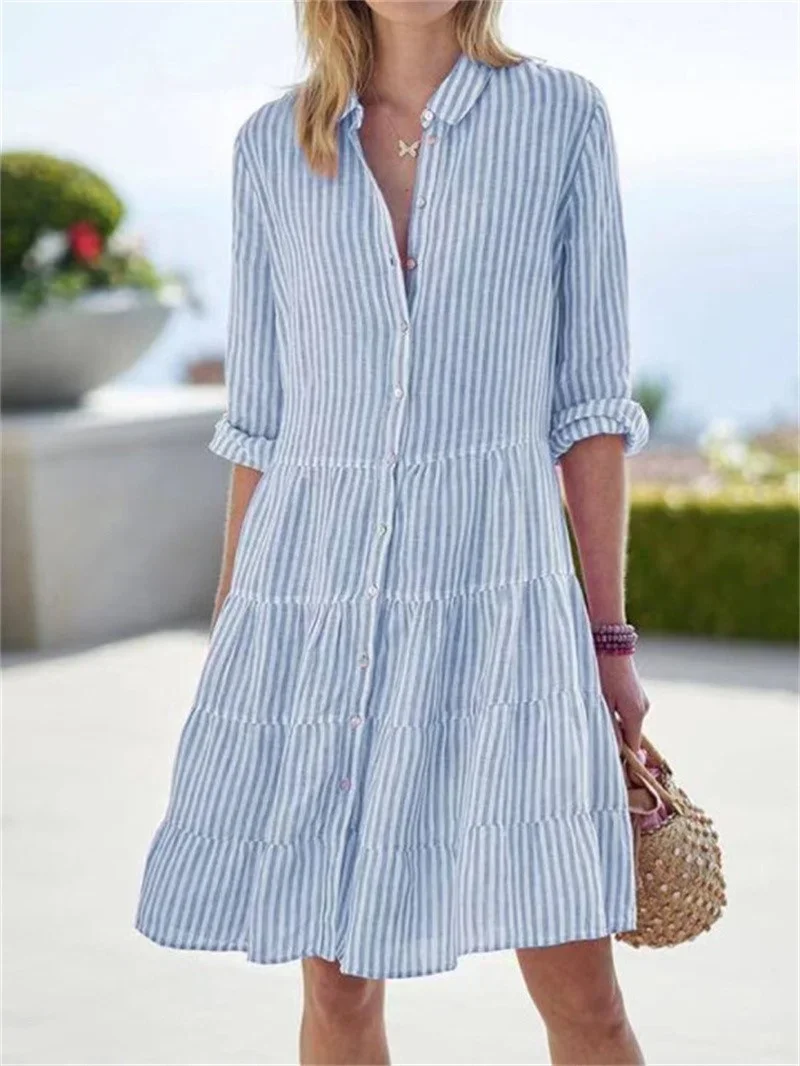 Summer Striped Long Sleeve Dresses Women Commuter Lapel Single-breasted Cardigan Shirred Dress Multi-layer Patchwork Hem Gown 24