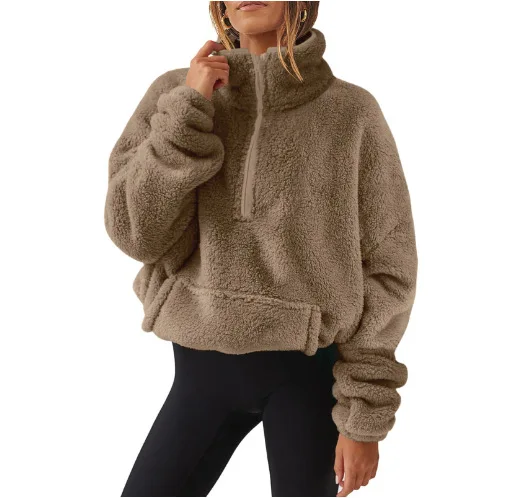 

Casual Plush Sweatshirt For Women Autumn Winter Fashion New Loose Solid Color Pullover High Collar Zipper Pocket Long Sleeve Top