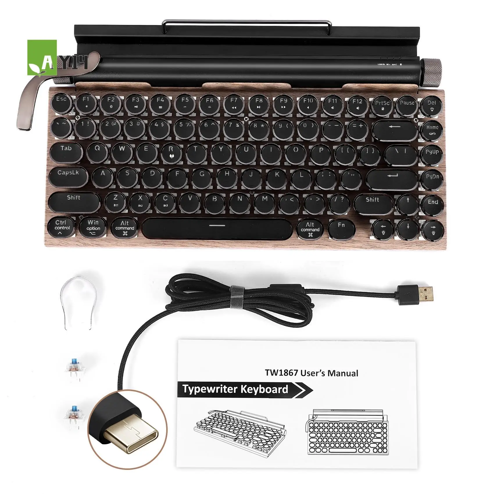

AY14 -Retro Typewriter Keyboard Wireless Bluetooth Keyboard USB Mechanical Punk Keycaps For Desktop PC/Laptop/Phone