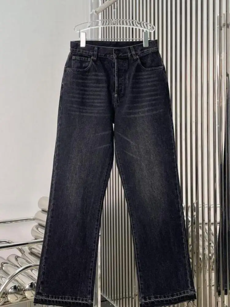 

Slimming Straight Jeans High Waist Carbon Black Washed All-match Casual Retro Trousers For Women