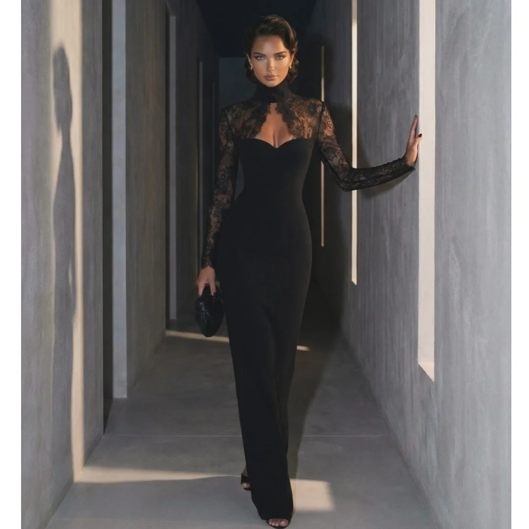 

Elegant Evening Dresses Lace Long Sleeves High Collar Satin Prom Dress Luxury Birthday Party Gown Gala Vestidos Customized