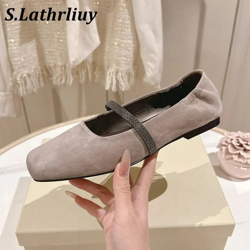 Loafers Cowhide Square Women's Retro Metal Bead Design Flat Shoes Holiday Spring Walking Shoes Shallow Mouth Walking Shoes