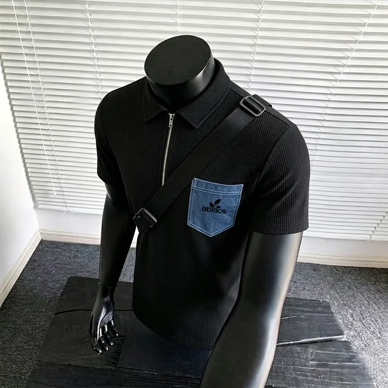 European and American style men's waffle half zip polo shirt denim contrasting pocket short sleeved popular foreign trade item view 3