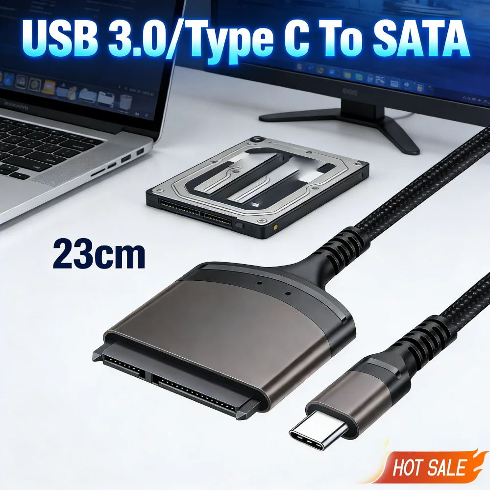 23cm USB 3.0/Type C To SATA Adapter Aluminum Shell External Converter Support Windows/MacOS/Chrome OS/Linux for 2.5 Inch SSD HDD
