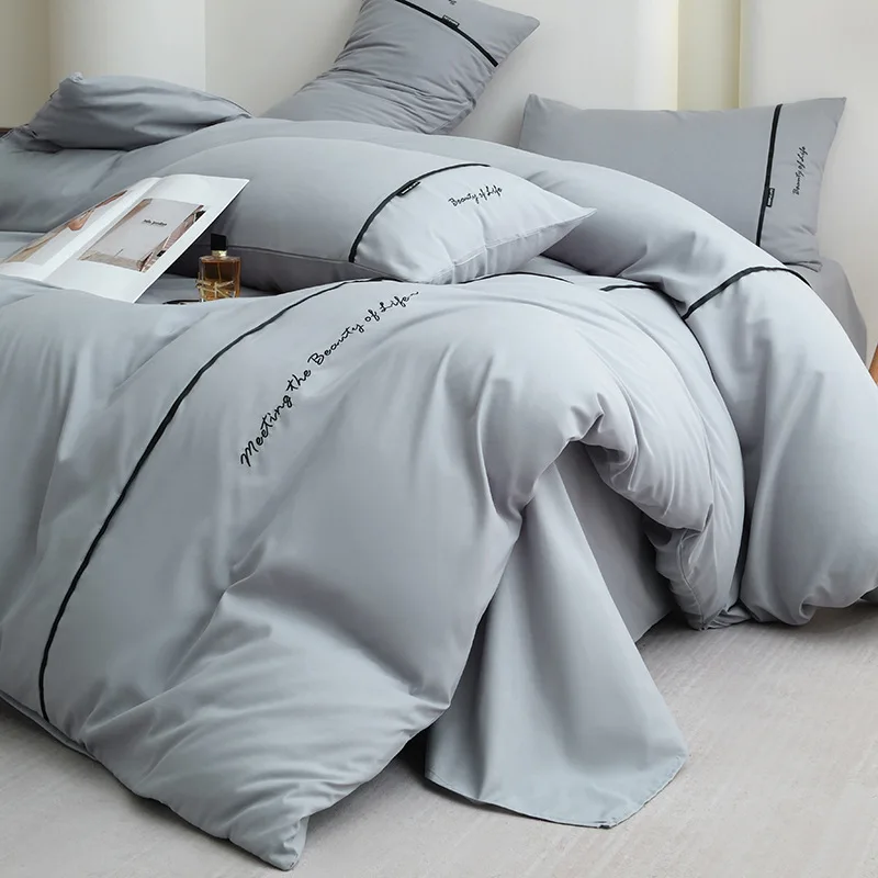 new solid color embroidered ribbon double-spell skin-friendly washed cotton 4-piece set bed sheet and fitted sheet style