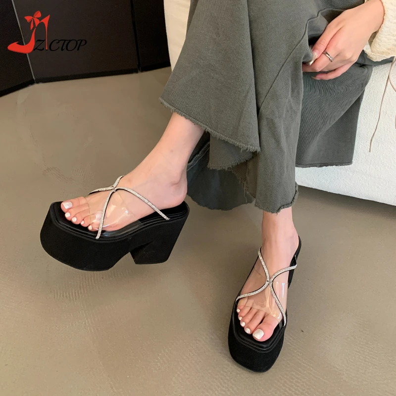 Women Platform Sandals Black High Heels Open Toe Transparent Rhinestone Chunky Heeled Mules Slip On Summer Slippers Woman Shoes