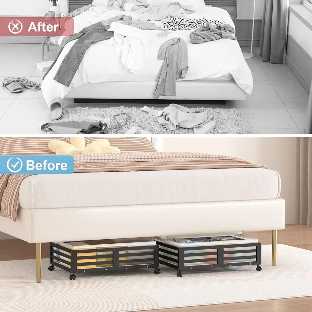 Caixas de armazenamento embaixo da cama de bambu com tampas à prova de poeira para sapatos, roupas e muito mais (preto)