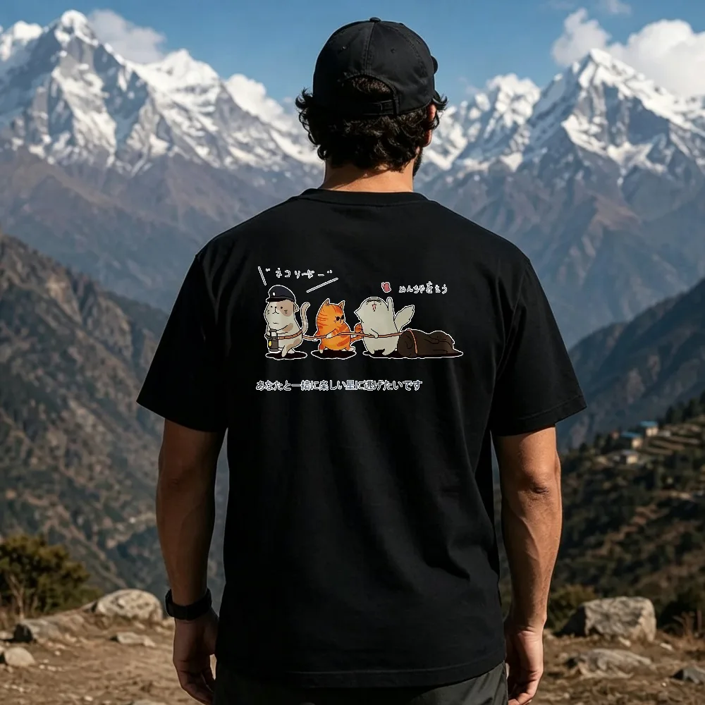 Japanese Anime Backpack Hiking Crew Neck Short Sleeve T Shirt Cartoon Cats Mountain Scene Regular Fit Streetwear Men Clothing