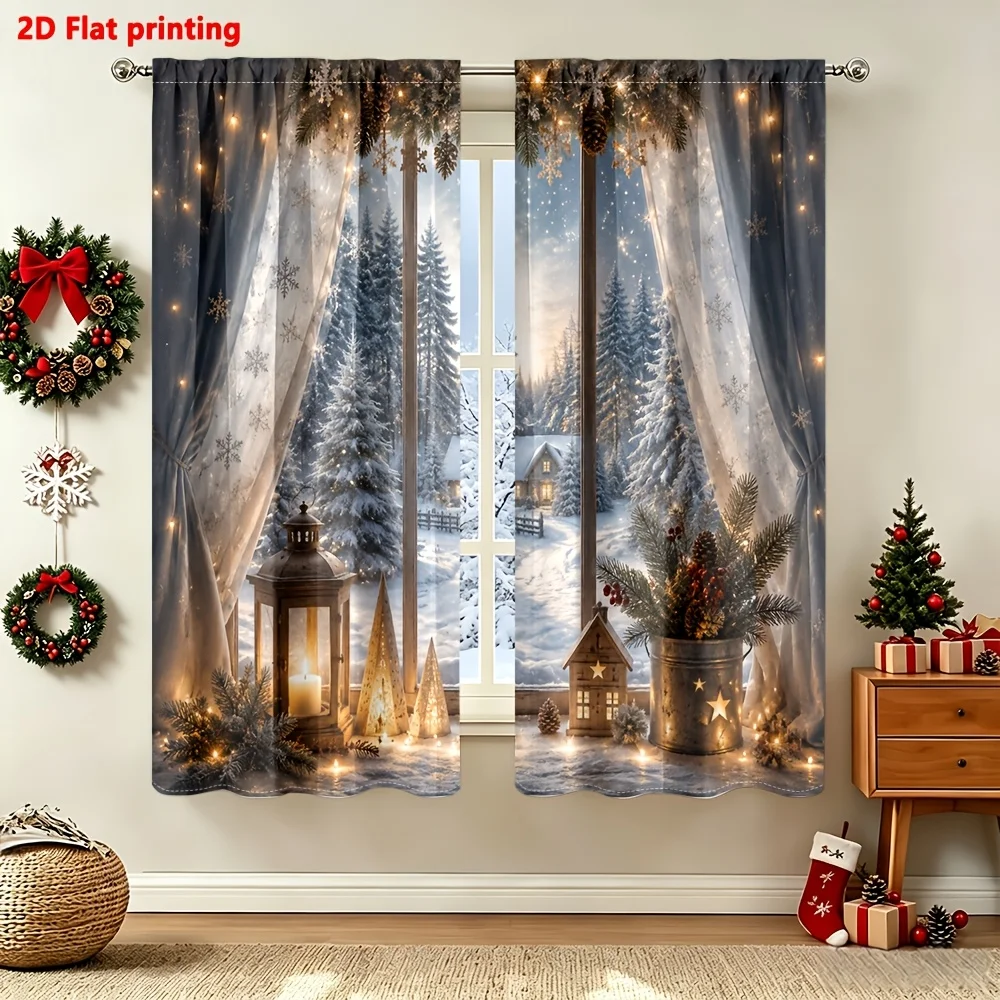 2D Flat Printing Winter Forest Scene Curtain Waterproof Window Drapes for Cozy Home Decor