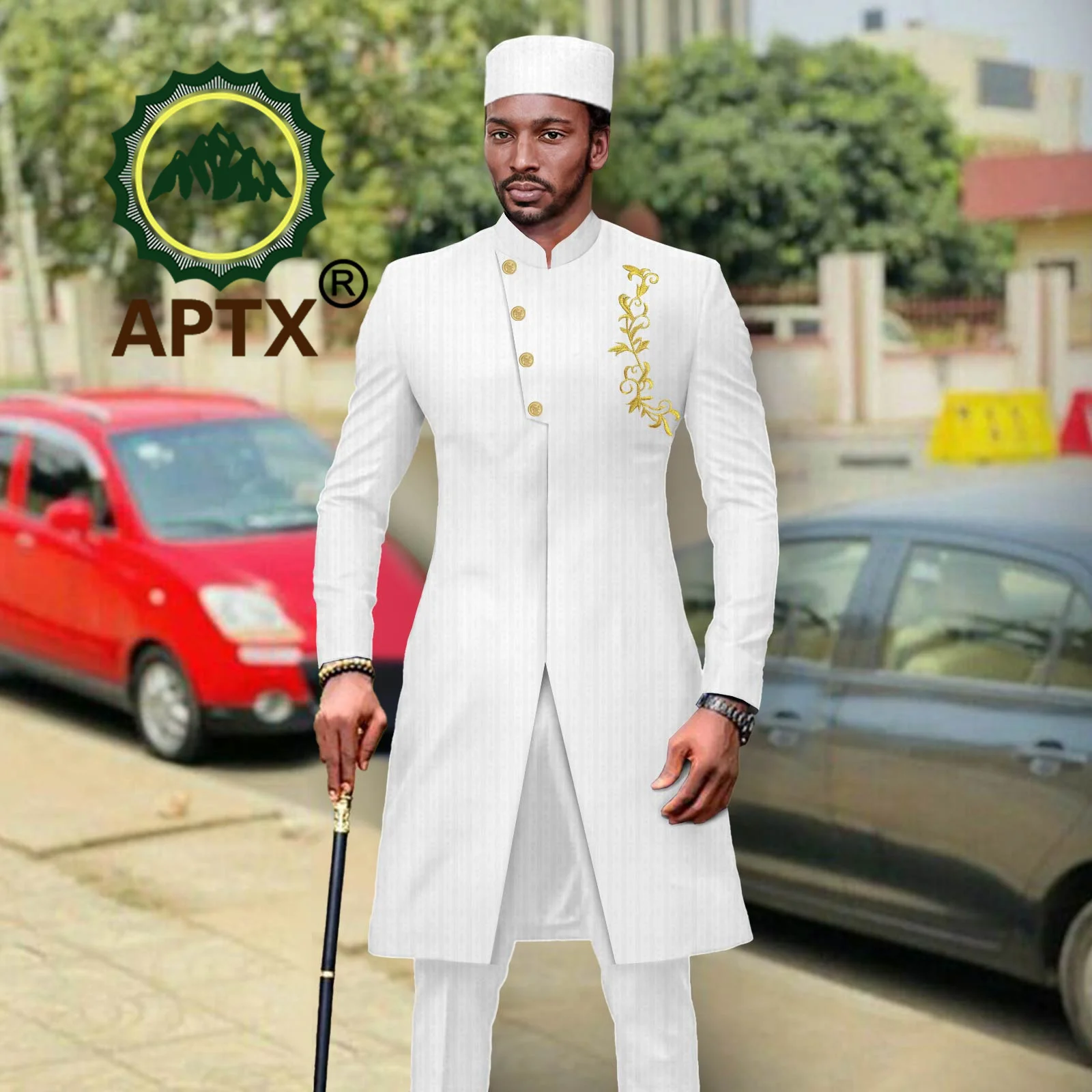 African Suit for Men Slim Fit Tuxedo Bazin Riche Embroidery Jacket Pants Hat Cap 3 Pcs Business Formal Designed Outfits A2316056