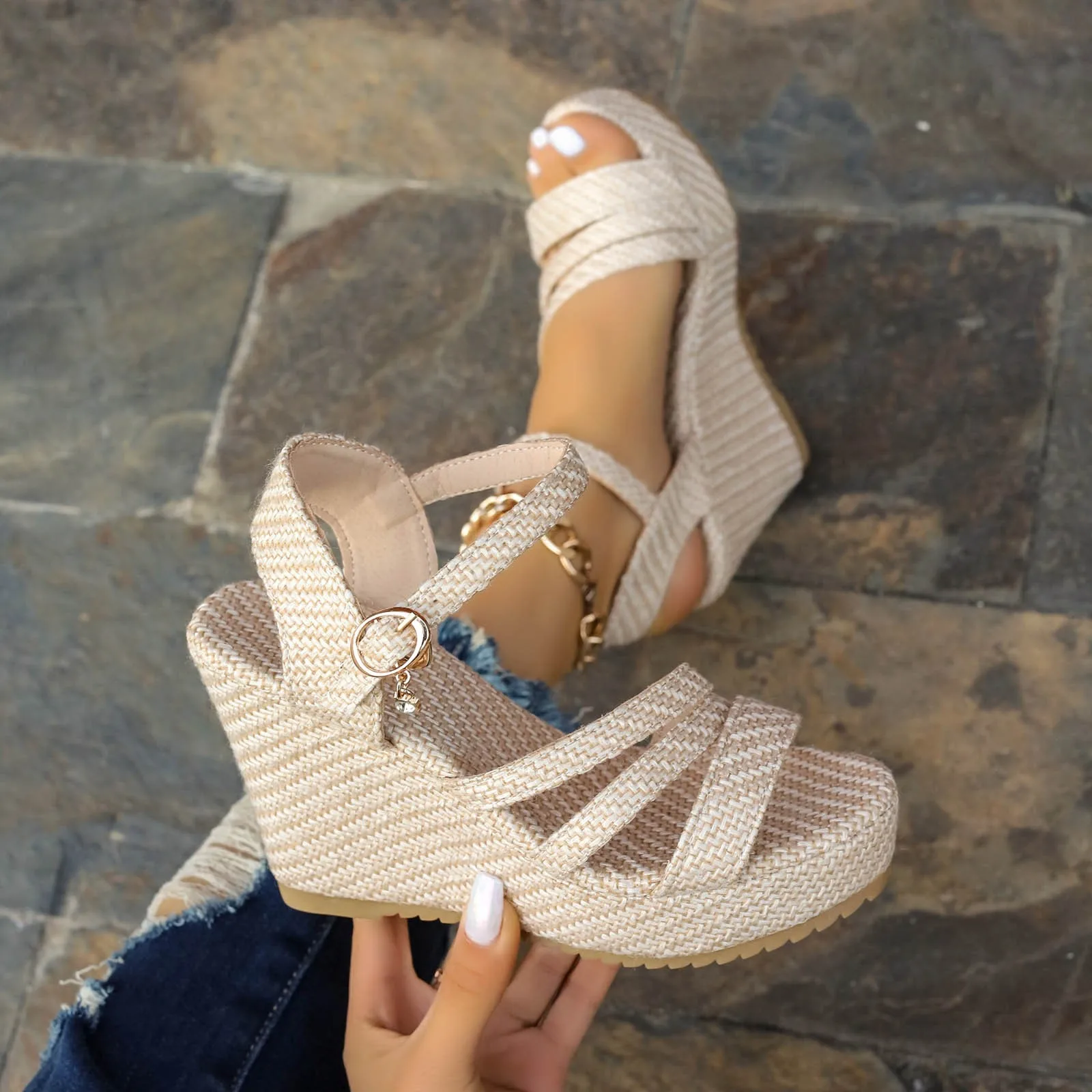 Summer Foreign Trade New Platform Platform Wedge Sandals Women\'s Denim Buckle Beach Sandals And Slippers Womens River Sandals