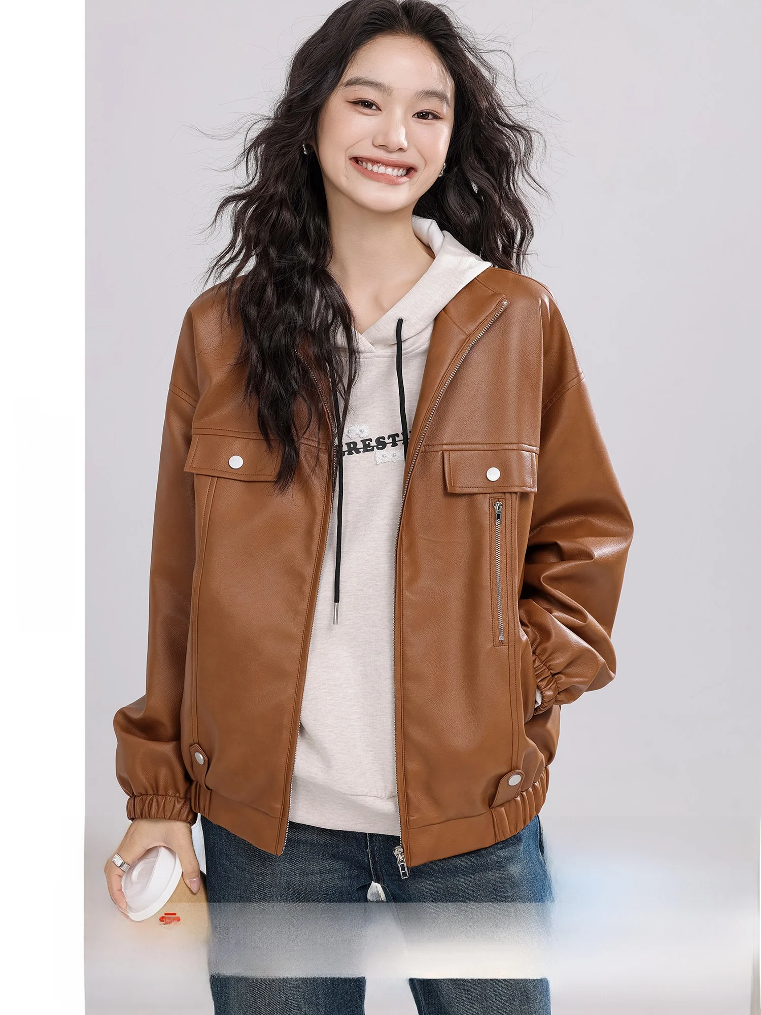 

Ele Stand Collar PU Leather Jaet Women's Faionable Retro Sle Outerwear Autumn New Arrival Zipper Closure Long Sve