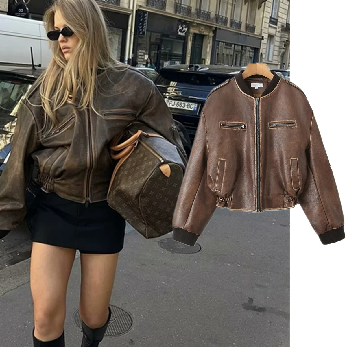 

Withered Washed Leather Jacket Bomber Jacket Winter Coat Women British Retro Vintage Boyfriend Brown