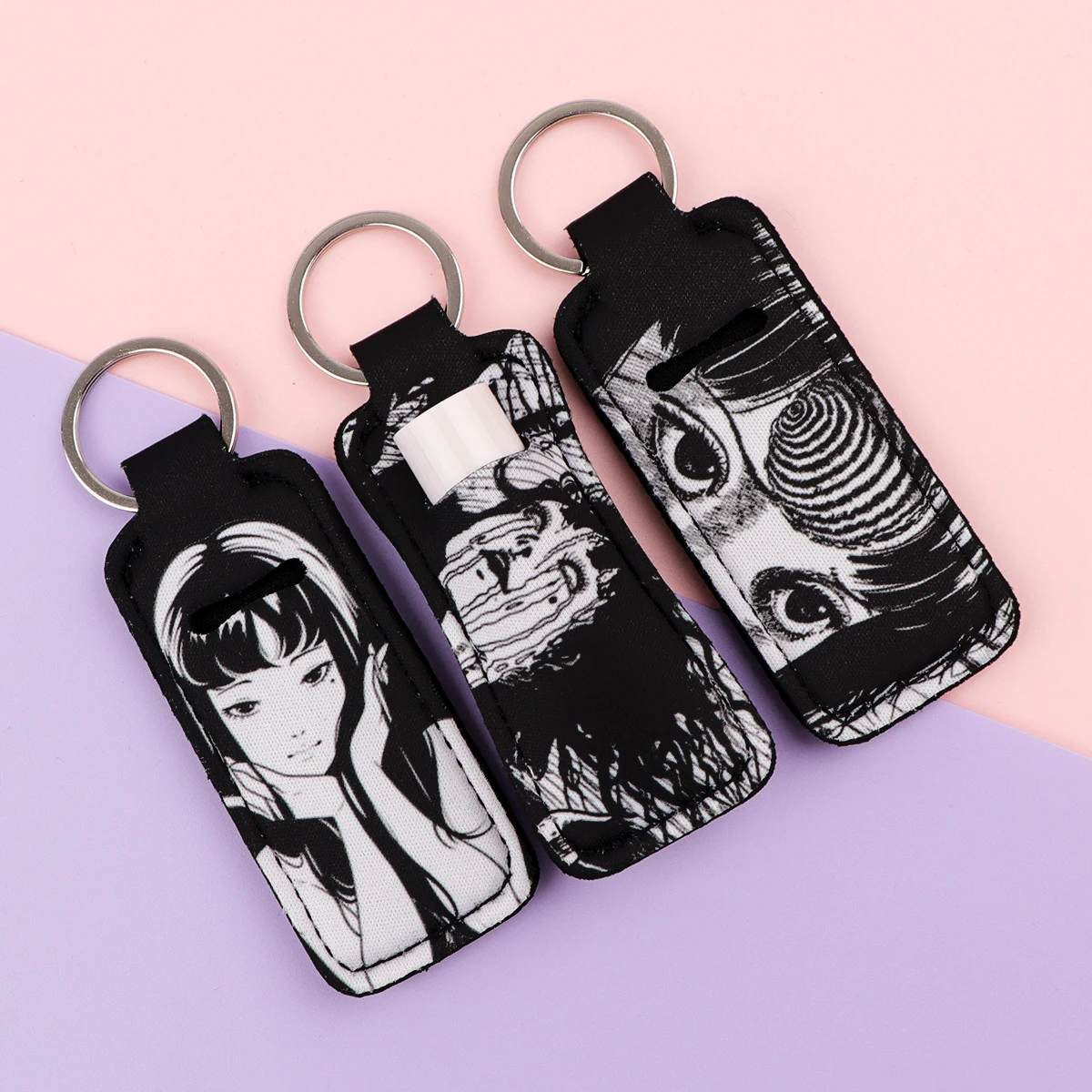 Horror Anime Girl Lip Balm Holder Keychain Clip On Lipstick Sleeve Stainless Steel Keyring  Bag Charms Travel Accessories Gifts