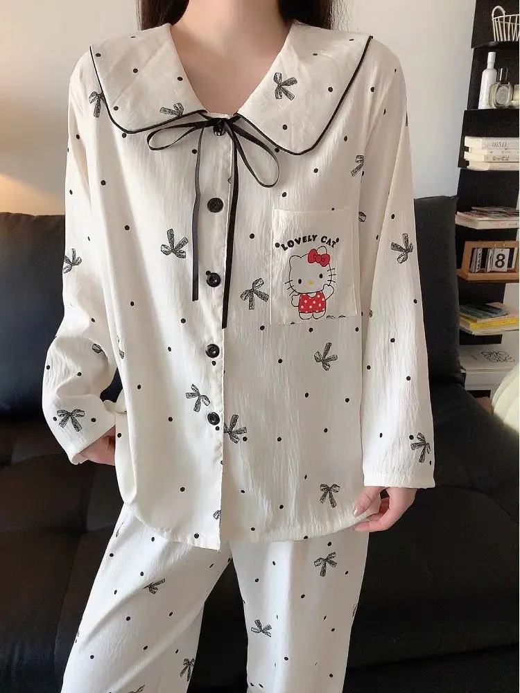 

Hello Kitty Polka Dot Bow Pajama Set - Women's 2-Piece Long Sleeve Loungewear for Spring/Fall, Versatile Home & Outdoor Wear