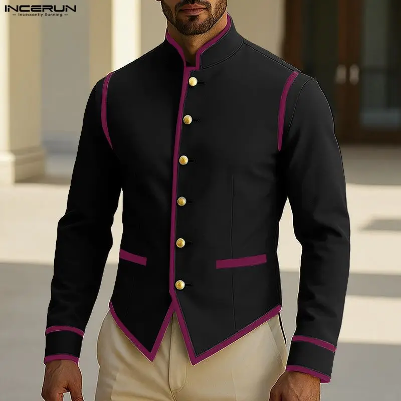 

INCERUN мужской пиджак в стиле пэчворк с воротником-стойкой и длинными рукавами на пуговицах, мужской костюм, уличная одежда, элегантное модное повседневное тонкое пальто 2025 года, мужские