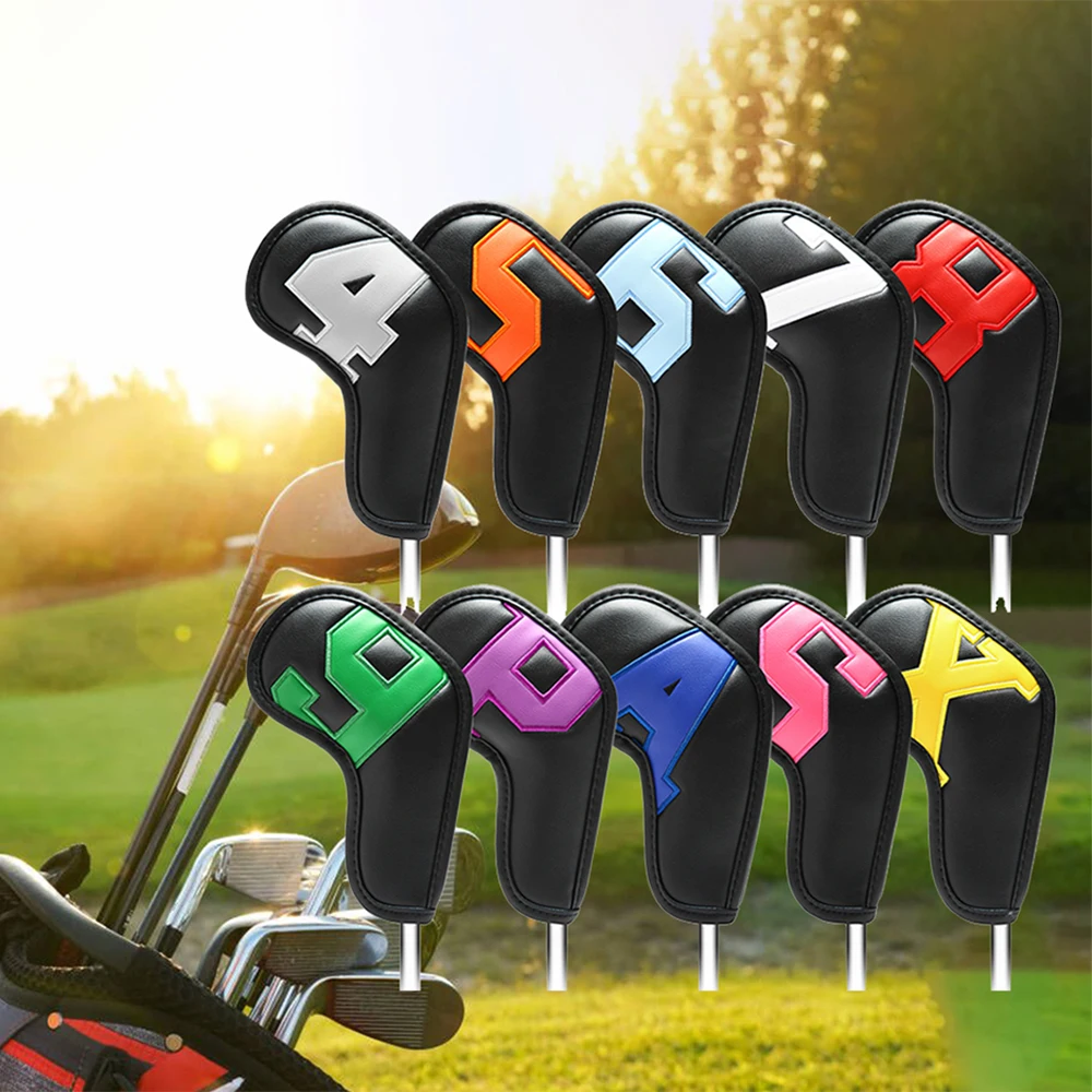 10Piece PU Leather Golf Iron Headcovers Set with Embroidered Number Tags ( 4-9 ASPX)  Durable Club Protection Accessories