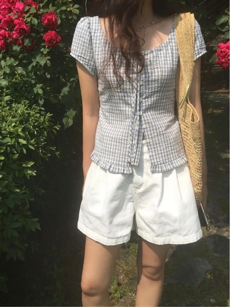 Chic Summer Anti-età Design vintage ort Sve Plaid irt Finiture in pizzo di classe da donna Bottone singolo Pendolarismo Sle Taglio dritto