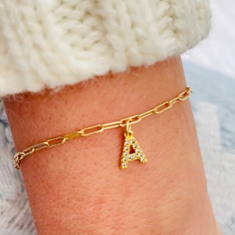 luxury Gold Color Pave Zircon Initial Letter Bracelet for Women 26 Tiny Alphabet Bracelet Chain Link Name Bracelet Jewelry Gift