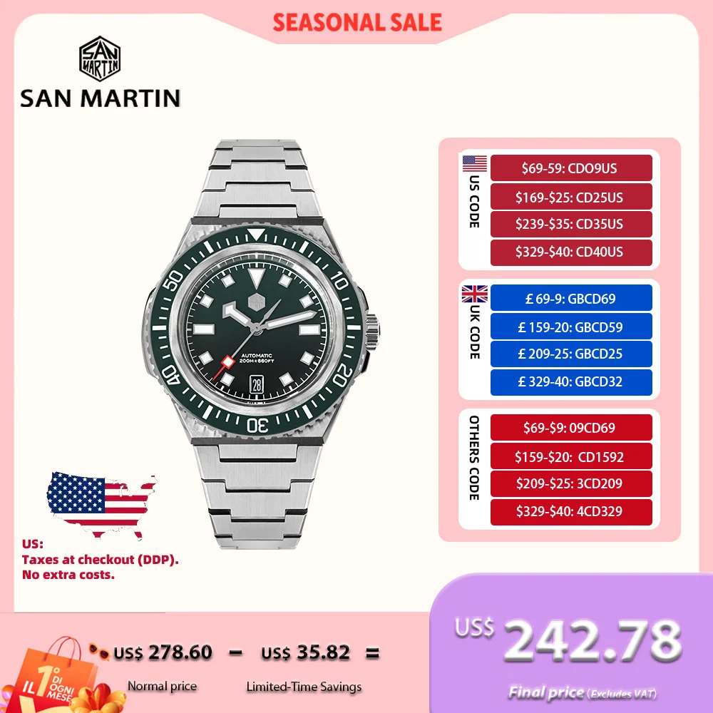 

San Martin 41mm Enamel Gradient Dial Men Diving Watch Mechanical NH35 Wristwatch Monocoque Case Sports 6H 20Bar BGW-X1 SN0146