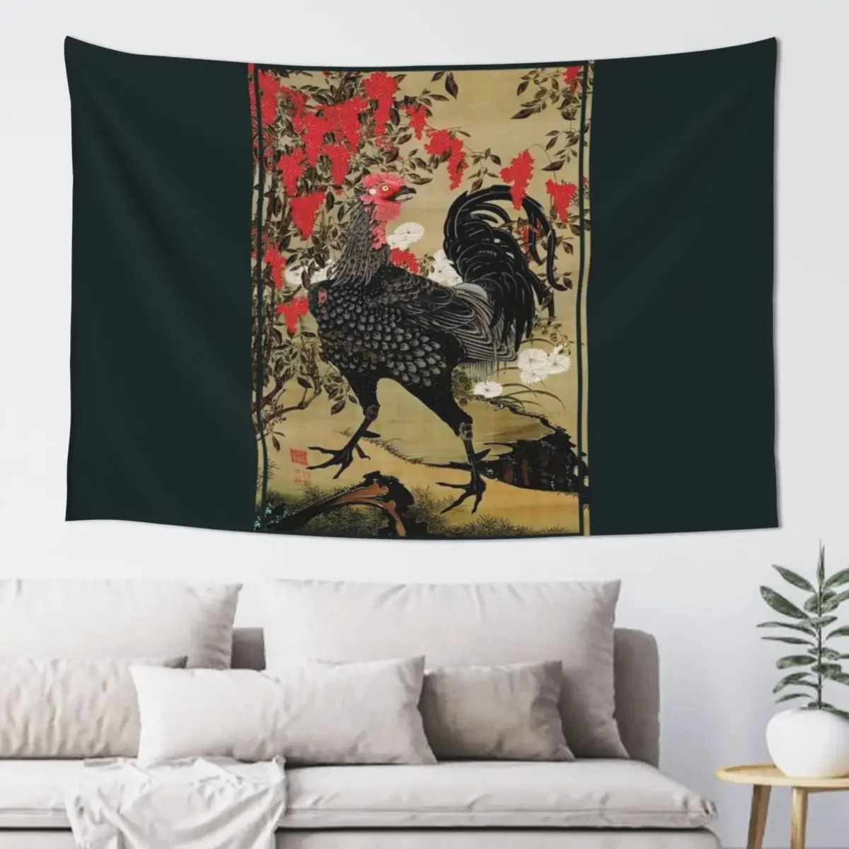 Nandina and Rooster by Ito Jakuchu Tapestry Kawaii Room Decor Wall Decoration Items Tapestry