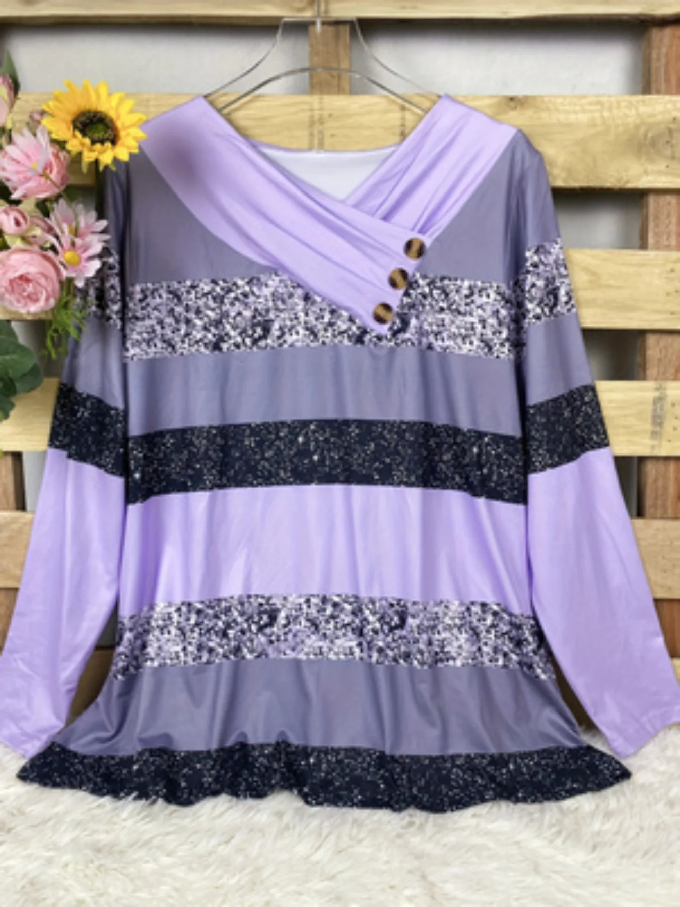 Plus Size Women Color Block Striped Long Sleeve Top, Wrap V Neck Button Decor Glitter Print Casual Loose Tunic Blouse