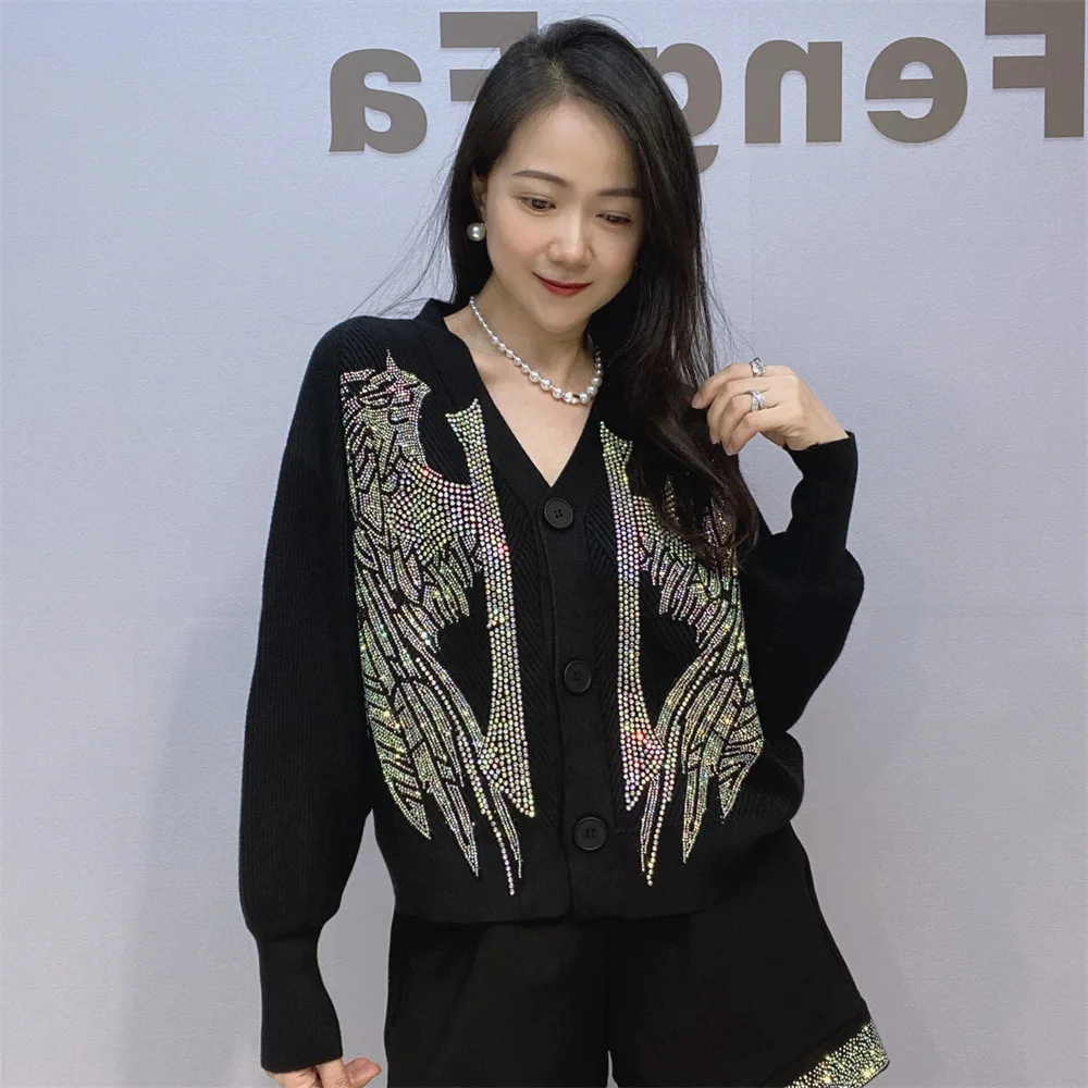 Elegant V-neck Knitted Cardigans Top 2024 New Autumn Winter Single-breasted Short Sweaters Hot Drilling Wings Women Knit Coats