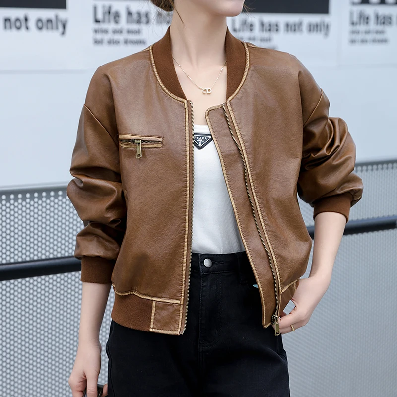 

QOERLIN Vintage Faux Leather PU Jacket Coat Causal Baseball Jacket Long Sleeve Outwear Zipper Short Coat Autumn Winter 2024 New