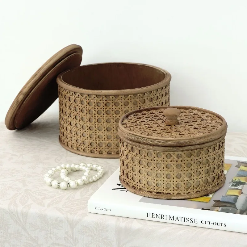 الروطان النسيج صندوق مجوهرات الرجعية قلادة قلادة حالة كبيرة صناديق تخزين المجوهرات الغبار حلقة أقراط حالات المجوهرات