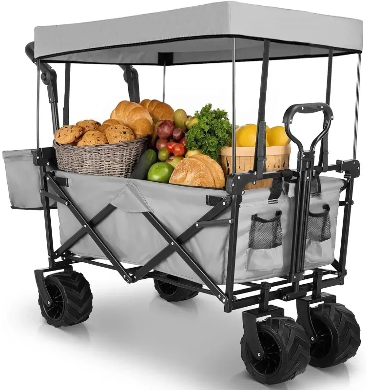 

Collapsible Garden Cart Wagon with Removable Canopy, 80kg Capacity Push& Pull Utility Cart 600D Oxfort, Off-road Wheel