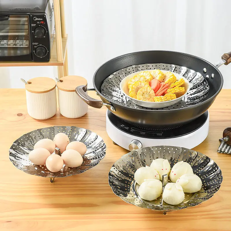 

Folding Stainless Steel Food Steamer Multi-Function Fruit Vegetable Drain Steaming Rack Tray Basket Kitchen Cooking Accessories