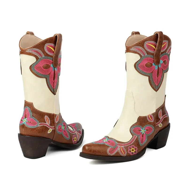 المطرزة Colorblock الأحذية للنساء صندل بكعب مكتنز أحذية رعاة البقر يدويا المرقعة الكروم الأحذية منتصف العجل سحب على الجوارب #4